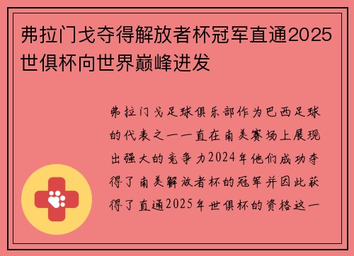 弗拉门戈夺得解放者杯冠军直通2025世俱杯向世界巅峰进发 弗拉门戈夺得解放者杯冠军直通2025世俱杯向世界巅峰进发