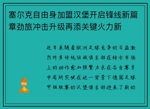 塞尔克自由身加盟汉堡开启锋线新篇章劲旅冲击升级再添关键火力新